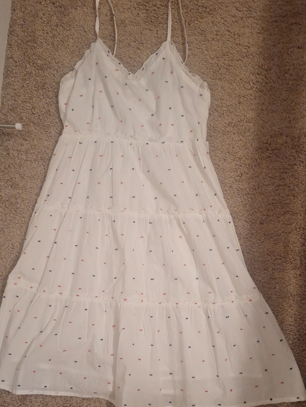 White Spaghetti-Strap Tiered Dress with Red And Blue Dots- Patriotic